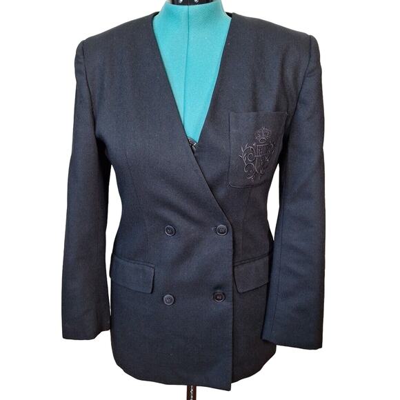 Vintage 90s Black Wool Double Breasted Crest Blazer Jacket Women Size 8 Medium - Picture 3 of 8